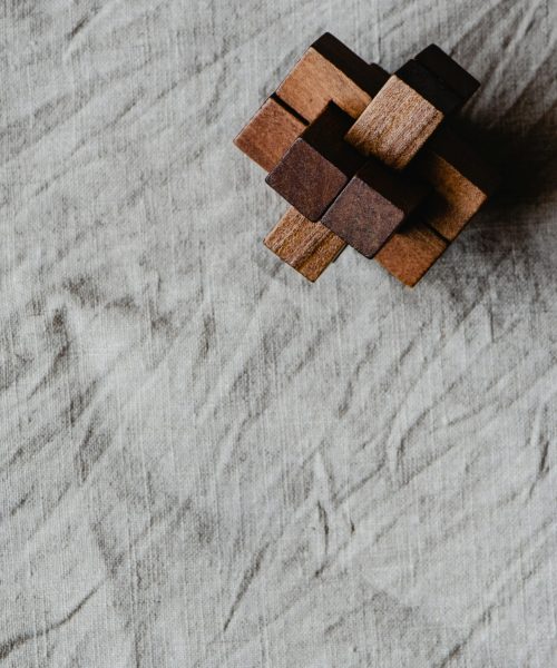 A minimalist wooden brain game placed on a textured textile background.